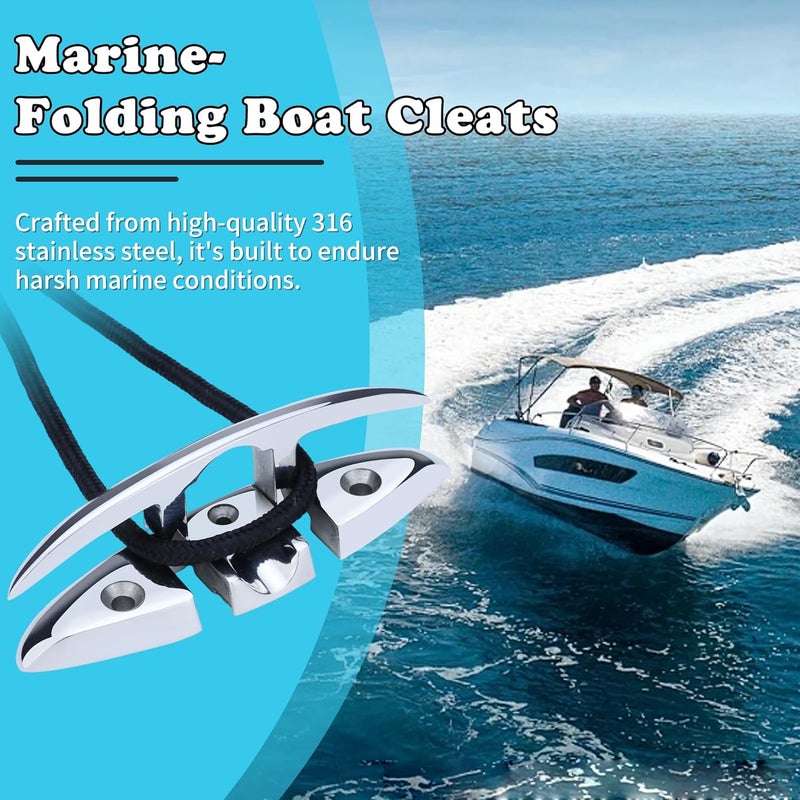 Pvrud Folding Boat Cleats 316 Stainless Steel - 5"/6" Marine Grade Flip-Up Dock Cleats with Backing Plates & Fasteners - Compatible with Yacht, Kayak, Pontoon - 2/4 Pack - Image 2